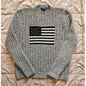 Polo Ralph Lauren Vintage American Flag Sweater Mens XL Gray Cotton